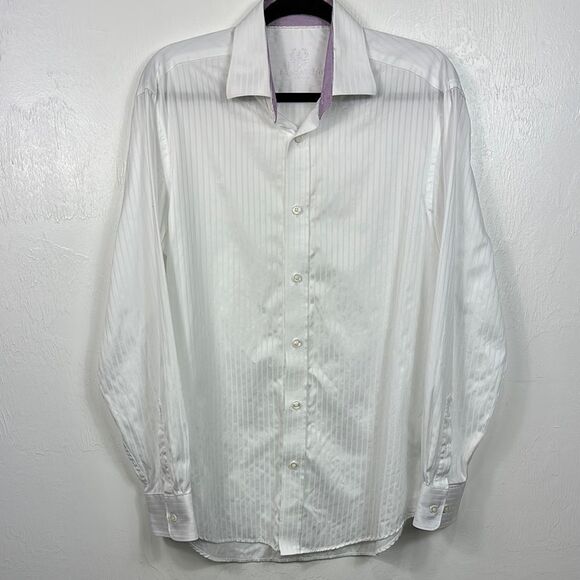 Bugatchi Cotton Striped White Men's Long Sleeve Button Down Shirt Size 16/40 - Picture 1 of 11